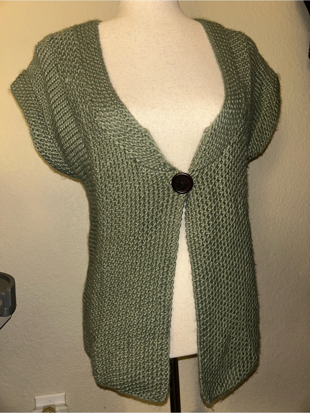 Olive Green V-Neck Knit Cap Sleeve Sweater Cardigan Wool Alpaca Blend